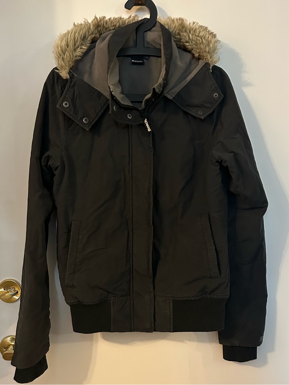 Bench Women’s Dark Grey Fleece Lined Bomber Jacket with Faux Fur Hood Size M